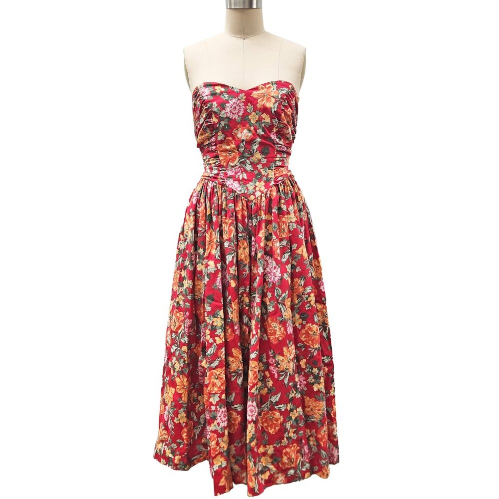 Vintage Laura Ashley Red Floral Strapless Midi Dress